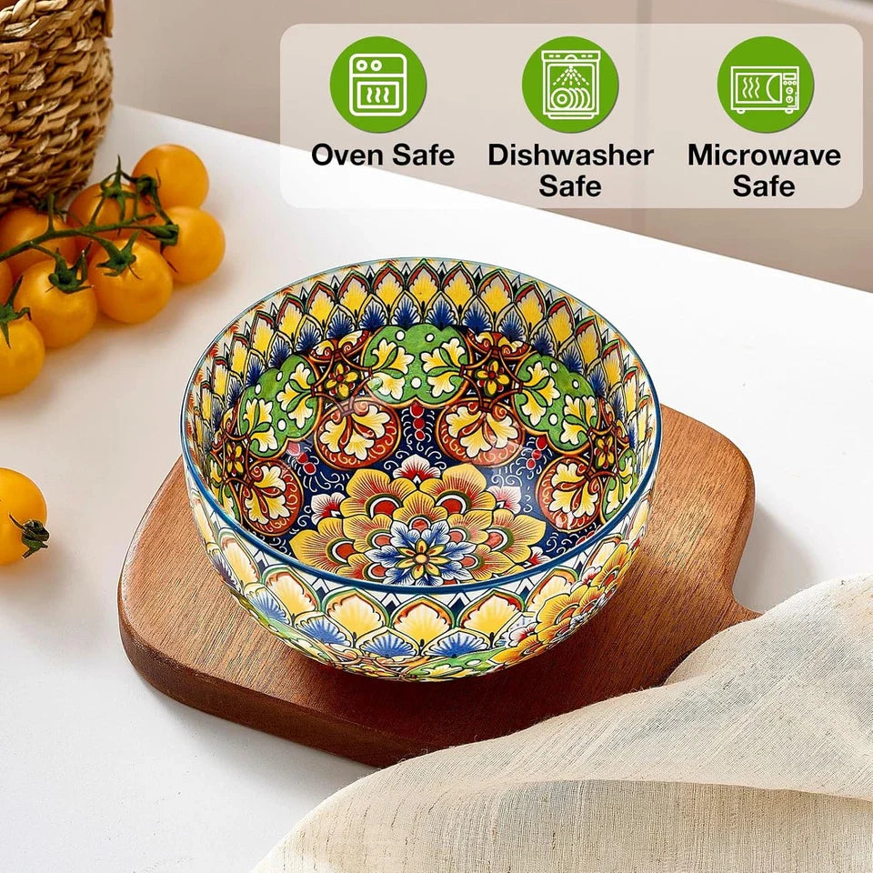 Ceramic Cereal Bowls Set of 6, 28 Oz Bohemian Soup Bowl, Colorful Bowls Set for