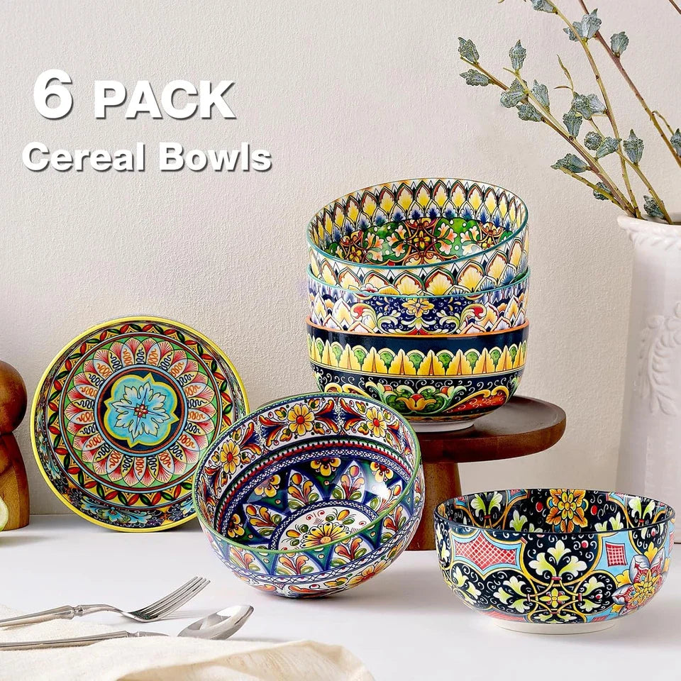 Ceramic Cereal Bowls Set of 6, 28 Oz Bohemian Soup Bowl, Colorful Bowls Set for