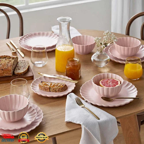 12-Piece Scallop Dinnerware Set, Microwave & Dishwasher Safe Free Shipping